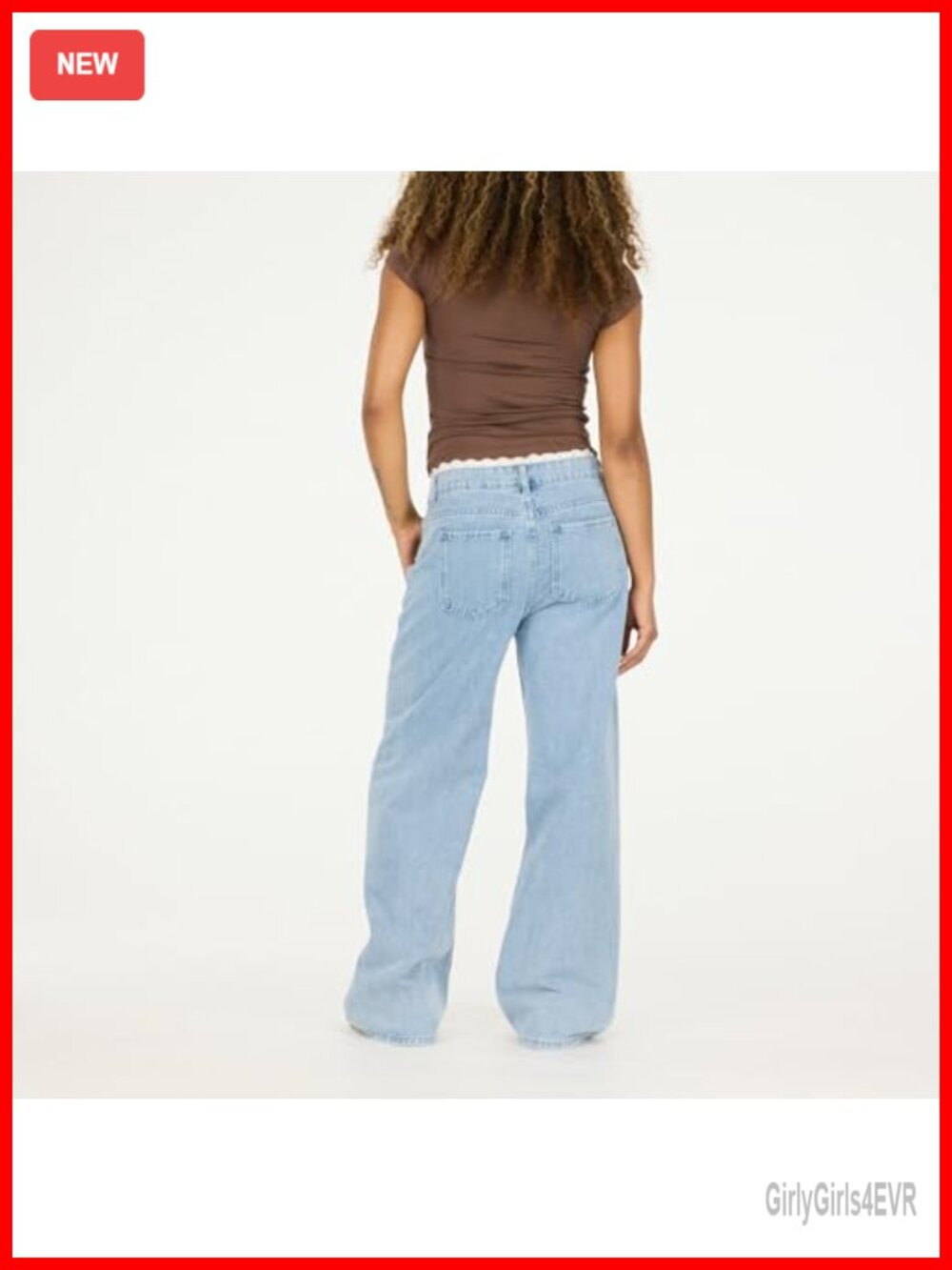 Women's Wide-Leg High-Rise Jeans with Lace Waistband - Cotton Blend - Picture 4 of 7